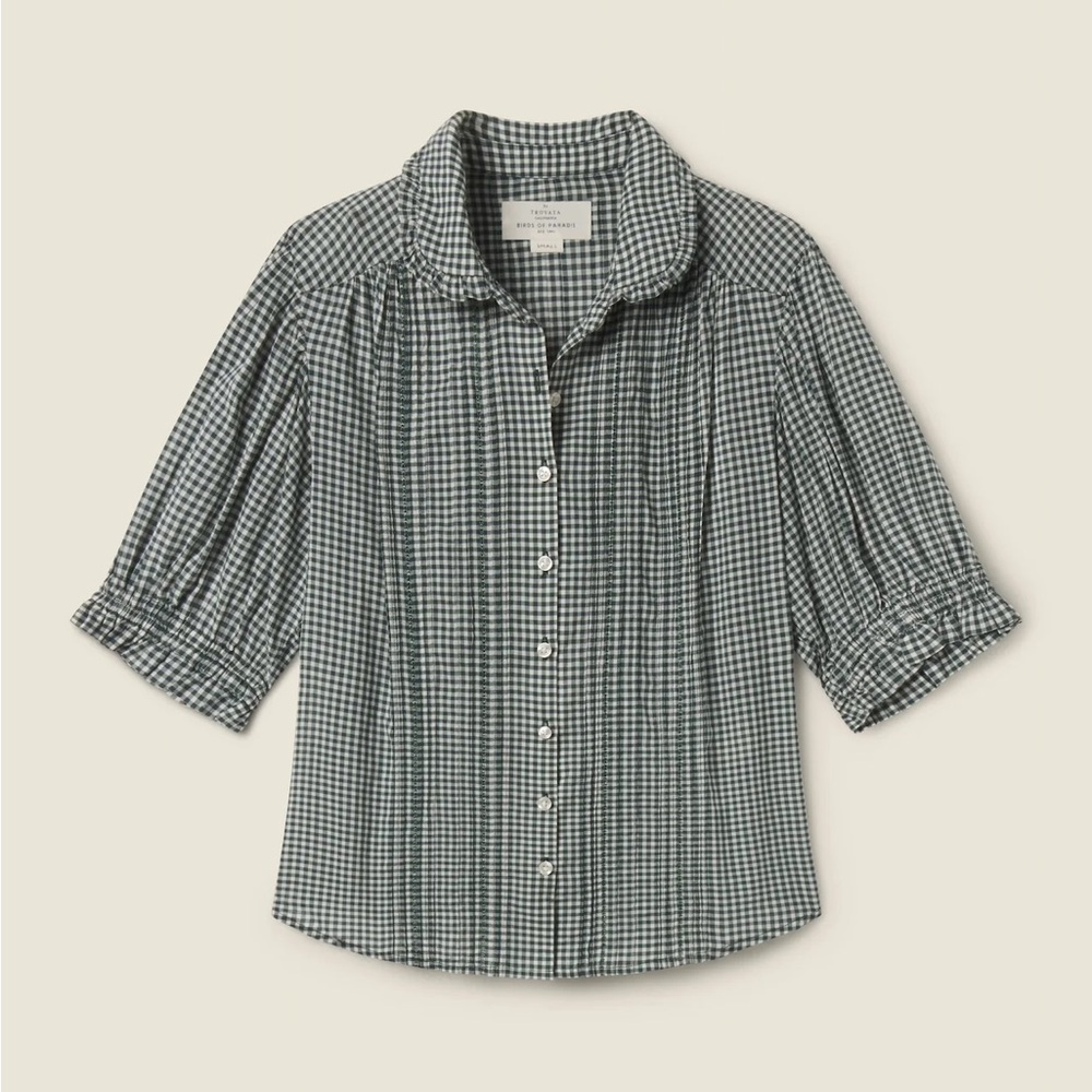Trovata Women’s Gemma Blouse Shirt Caspian Check Blue Green XS Cottagecore NWT